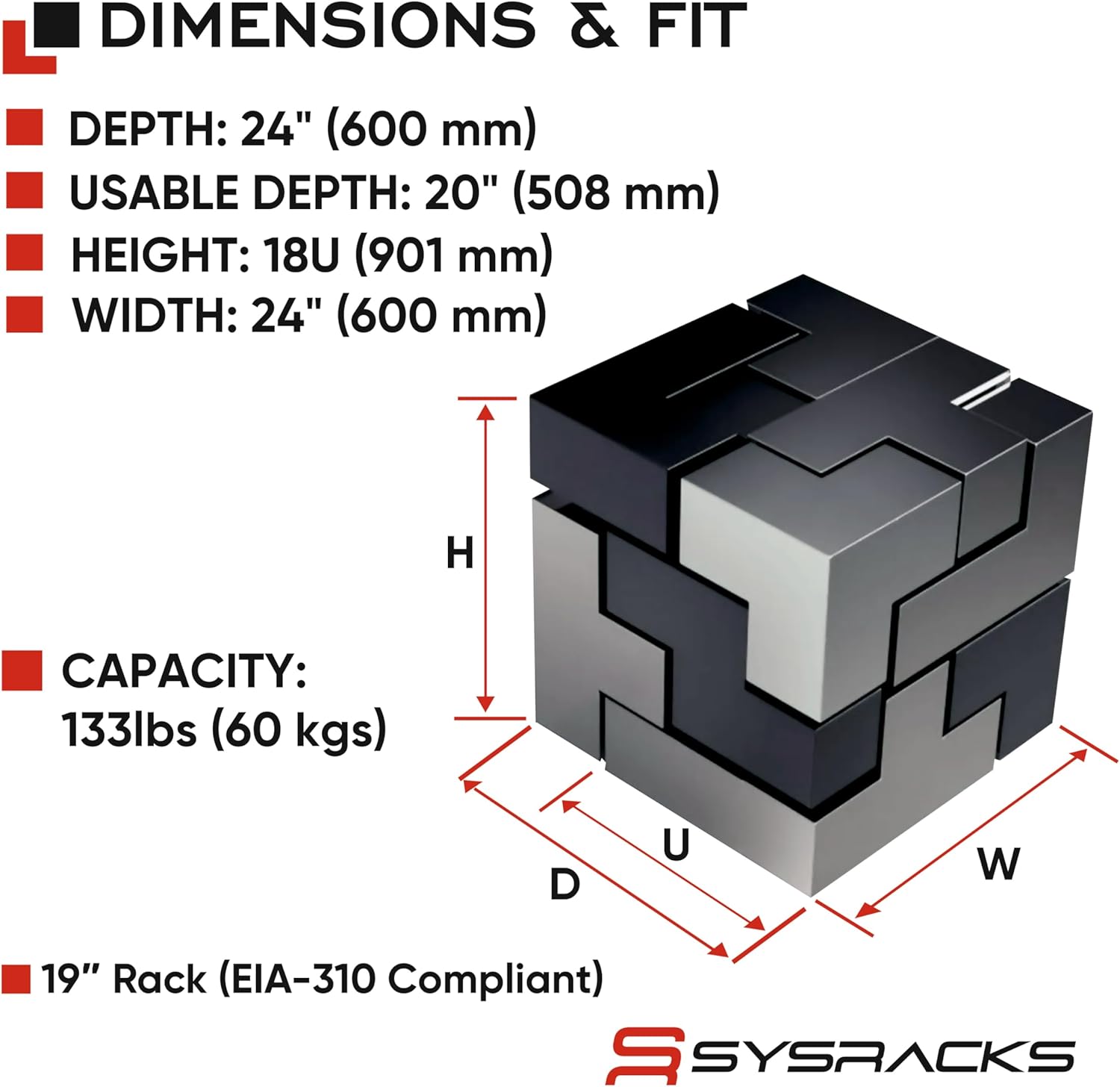 Sysracks 18U Wall Mount Server Rack Cabinet, 19” Locking Network Rack, 24” Deep, Glass Door, with Fan, PDU and Shelf - Image 3