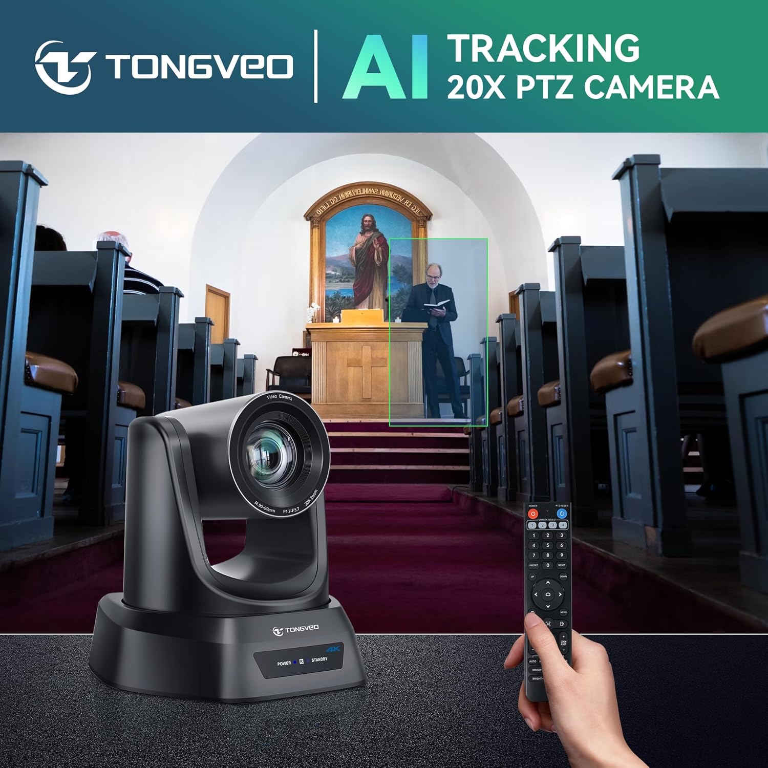 TONGVEO 4K AI Auto Tracking PTZ Conference Camera System with Bluetooth Speakerphone & Microphone, 20X Optical Zoom, USB3.0 HDMI LAN PoE Power Camera for Church Worship, Meetings, Streaming - Image 3