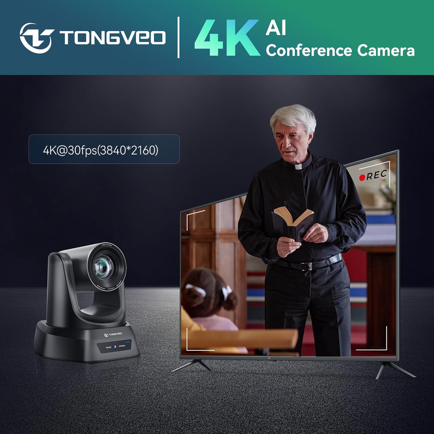 TONGVEO 4K AI Auto Tracking PTZ Conference Camera System with Bluetooth Speakerphone & Microphone, 20X Optical Zoom, USB3.0 HDMI LAN PoE Power Camera for Church Worship, Meetings, Streaming - Image 5