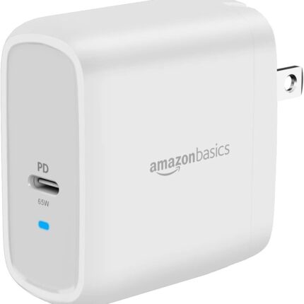 Amazon Basics 65W One-Port GaN USB-C Wall Charger with Power Delivery PD, Foldable Plug, for Laptops, Tablets & Phones, White