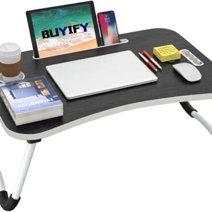 BUYIFY Folding Lap Desk, 23 Inch Portable Wood Black Laptop Bed Desk Lap Desk with Cup Holder, for Working Reading Writing, Eating, Watching Movies for Bed Sofa Couch Floor