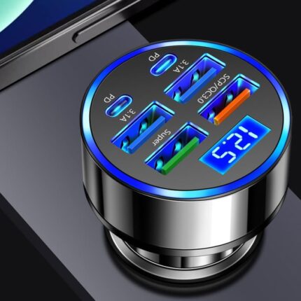 120W Super Fast Charging USB-C 6-Port Car Charger Adapter | Multi-Device Cigarette Lighter USB Charger with LED Voltage Monitor Compatible with iPhone, Samsung, Huawei, OnePlus, Oppo & Vivo