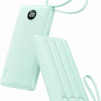 VRURC Portable Charger for iPhone, Compact Travel Power Bank 10000mAh, USB C Battery Pack 4 Outputs 3 Inputs, Slim Phone Charger with Cables for iPhone 17 16 15 14 13,Samsung Galaxy-Green(1 Pack)