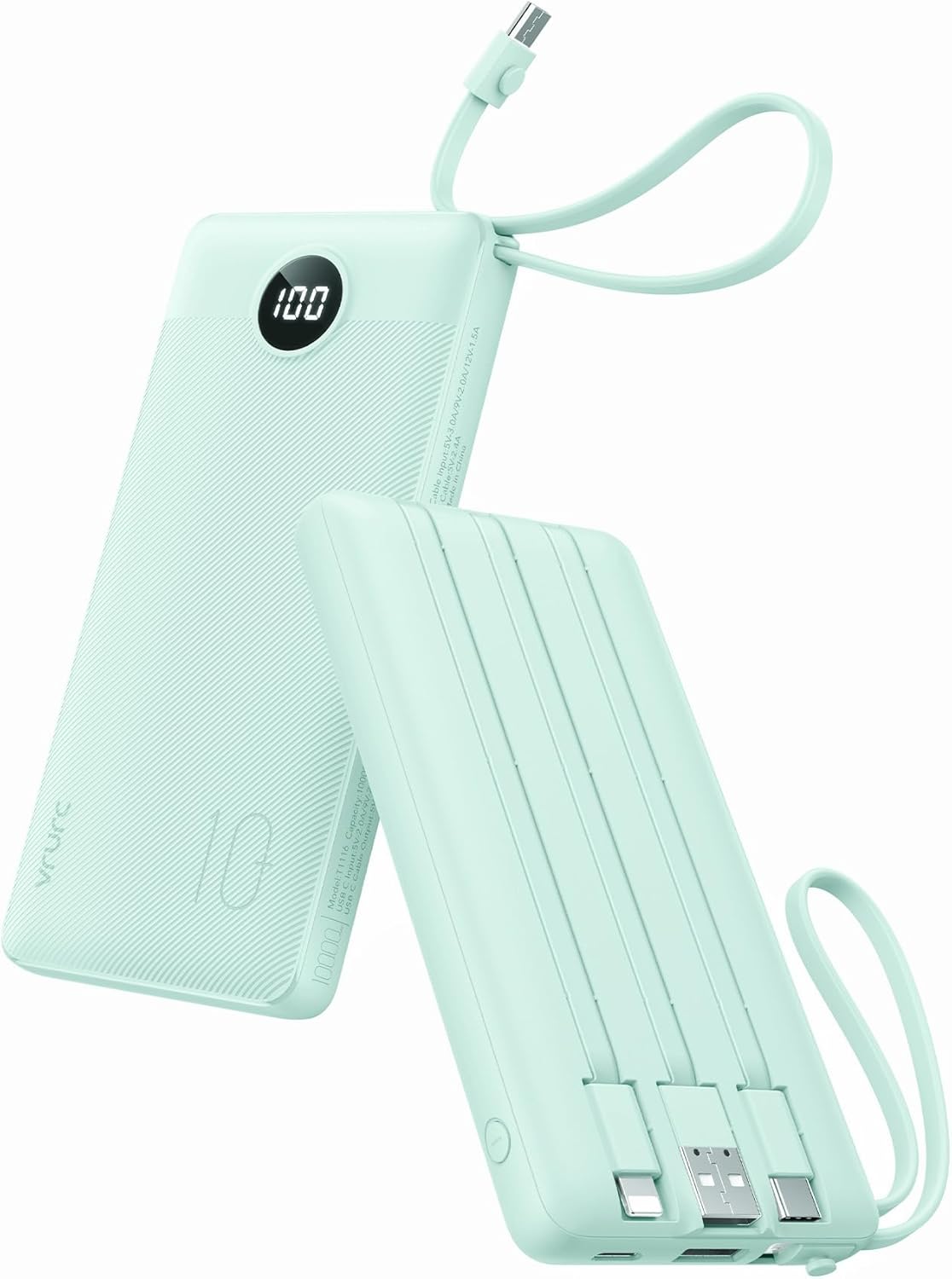 VRURC Portable Charger for iPhone, Compact Travel Power Bank 10000mAh, USB C Battery Pack 4 Outputs 3 Inputs, Slim Phone Charger with Cables for iPhone 17 16 15 14 13,Samsung Galaxy-Green(1 Pack)