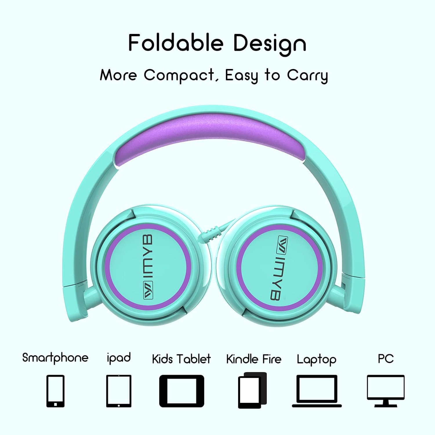 V1 Kids Headphones, Wired Stereo Foldable Tangle-Free 3.5mm Adjustable On-Ear Headphones for Kids for School/Toddlers/Childrens/Teens/Boys/Girls/Ipad/Tablet/Kindle/Phones/Travel/Plane (Green) - Image 5