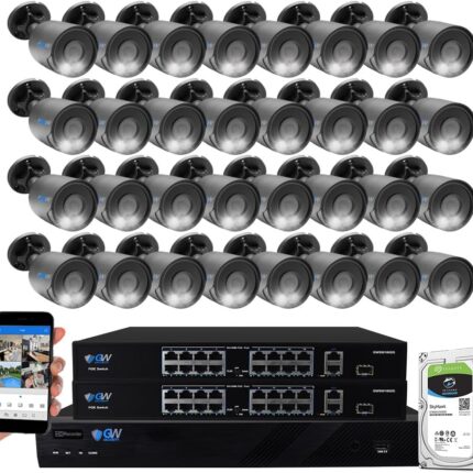 GW 4K Outdoor/Indoor Face Recognition/Human/Vehicle Detection Security Camera System, 32 Channel 12MP PoE NVR, 32 x 4K 8MP UltraHD Smart AI IP Microphone Bullet Camera, 24-7 Video & Audio Recording