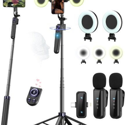 Vlogging Kit for iPhone/Android, 63”Auto Face Tracking Tripod for iPhone with Light, Wireless Microphones, Scrolling Remote Control for TikTok, Content Creator Kit for YouTube Starter