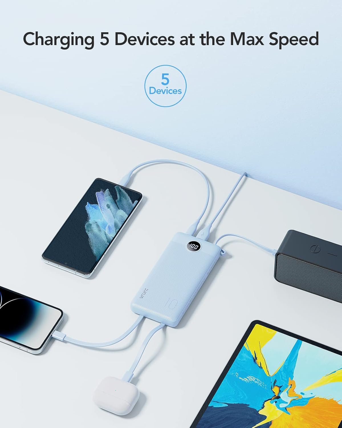 VRURC 10000mAh Power Bank Built-in Cables, Portable Charger with LED Display, Slim Travel Battery Pack with Cords, 5 Output Dual Input Phone Charger for Cell Phone Smart Devcies-Blue(1 Pack) - Image 5
