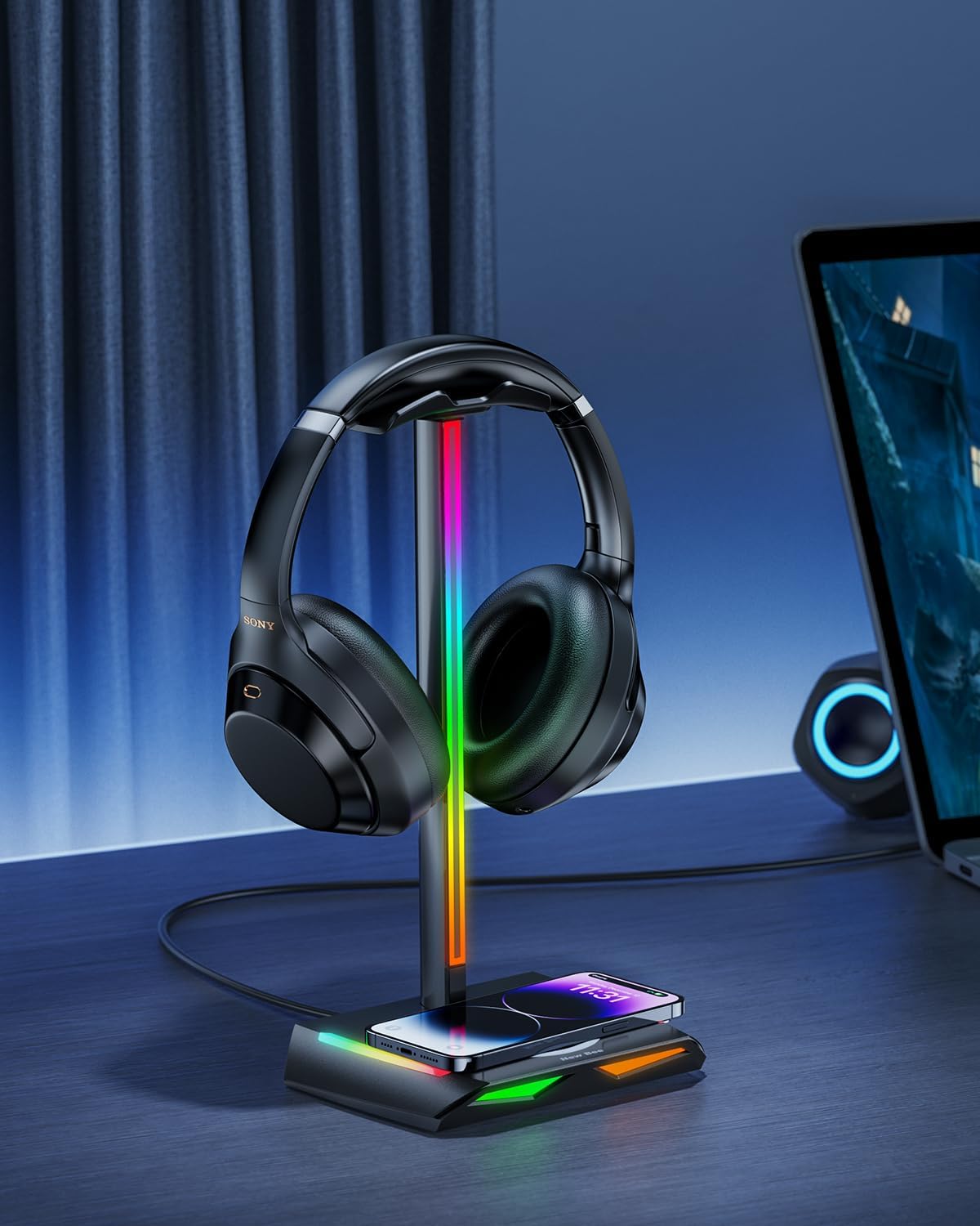 New Bee RGB Headphone Stand with 2 USB-C & 1 USB Charging Ports, Desk Gaming Headset Holder with 7 Light Modes and Non-Slip Rubber Base Suitable for All Earphone Accessories - Image 6