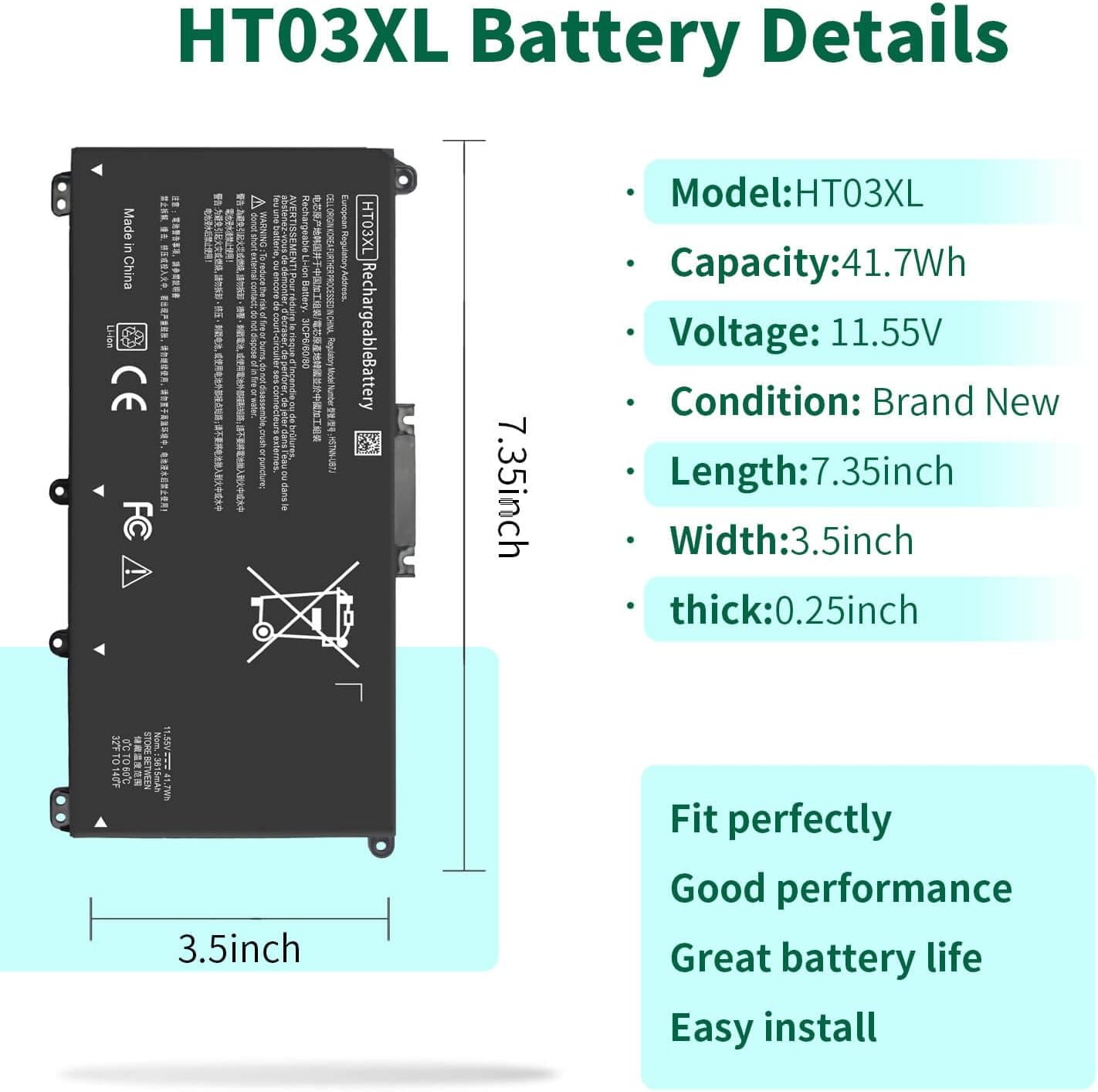 HT03XL L11119-855 Laptop Battery for HP Pavilion 14-CE 14-CF 14-DF 15-CS 15-DA 15-DB 15-DW 17-by 17-CA Series 15-CS0053CL 15-DW0033NR 15-DA0014DX L11421-542 L11421-2C2 HSTNN-UB7J HSTNN-DB8R HT03041XL - Image 2