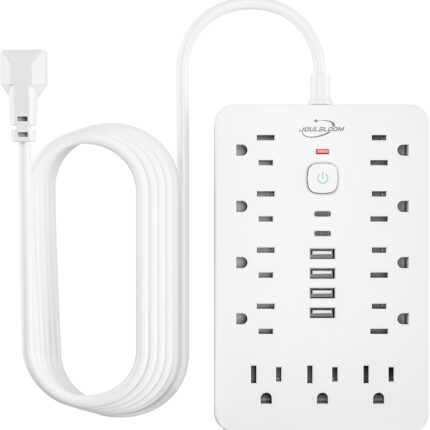 6 FT Flat Plug Surge Protector Power Strip,11 Multiple AC Outlets with 6 USB Ports (2 USB C), 6 Feet Extension Cord, 1250W/10A, One Touch Switch Button, 17 in 1 Compact powerstrip-White