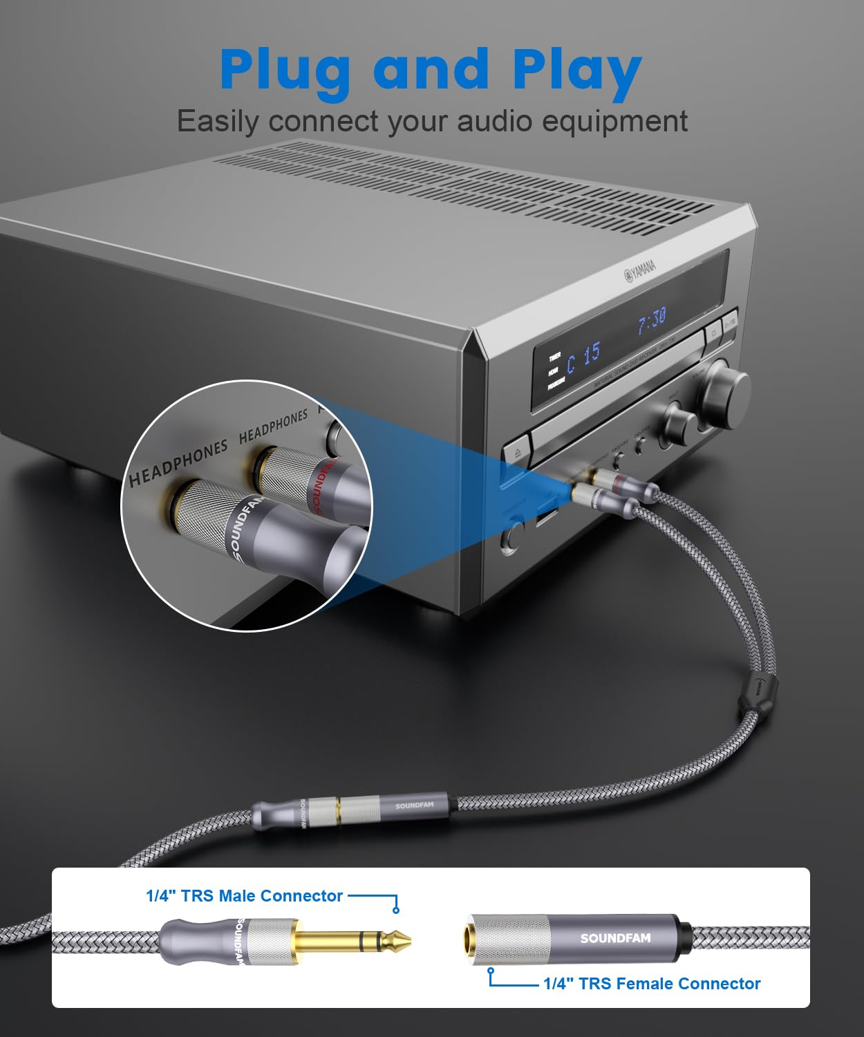 1/4" Splitter Cable 2 Feet/60CM,Microphone Splitter 1 Female to 2 Male TRS 1/4 inch Splitter 6.35mm Stereo Female Plug to Dual 6.35mm Male-Grey - Image 6