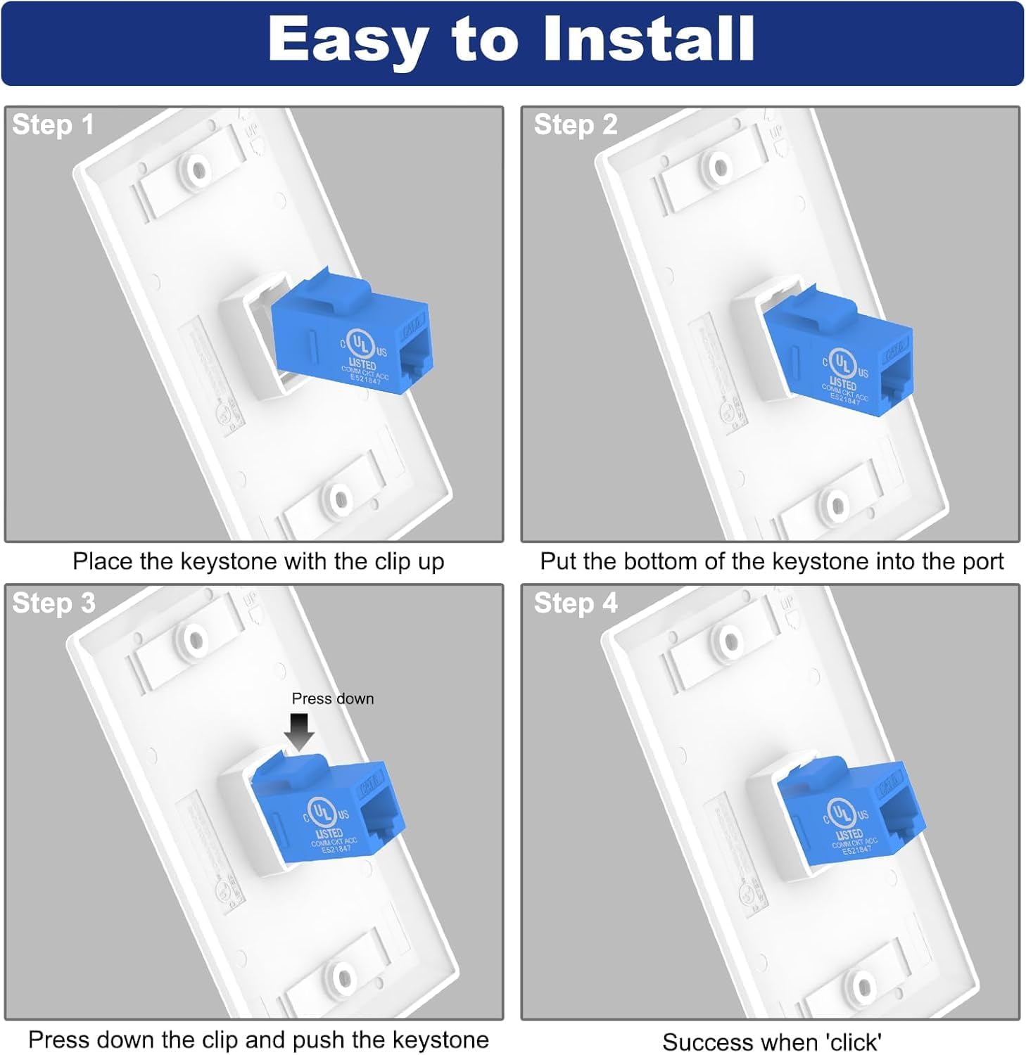 VCE Ethernet Wall Plate (UL-listed) 1-Pack, CAT6 Ethernet Wall Outlet Female to Female, Compatible with CAT6/CAT5E/CAT5 Cabels, Blue - Image 6