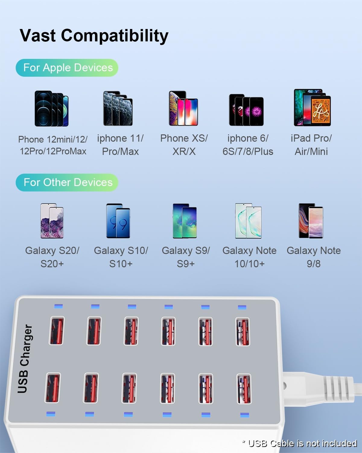 USB Charger 12-Ports Charging Station for Multiple Devices USB Wall Charger Power Hub Strip Smart Plug Charging Dock Block for iPhone Xs/XR,iPad,iPod,Galaxy S9/S8,Smart Phones 60W - Image 6