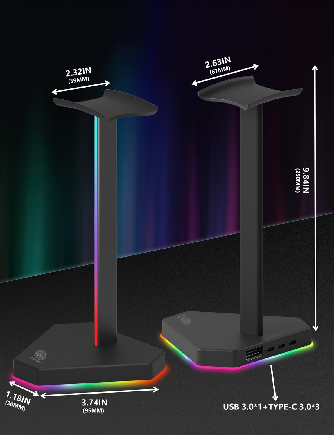 RGB Headphones Stand with 1 USB-C Data Transmission& 3 Type-C Charging Port, Desk Gaming Headset Holder with 7 Light Modes and Non-Slip Rubber Base (Black) - Image 6