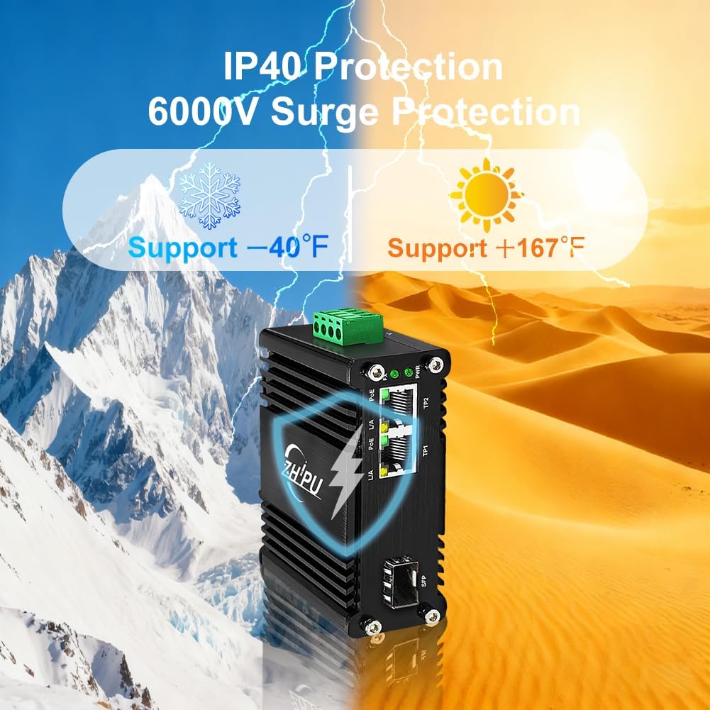 Industrial 2 PoE Ports Gigabit Fiber Media Converter, Boost Voltage Input DC9-57V to 48V Max PoE Output 60W, 1 SFP and 2 RJ45 IEEE802.3af/at 30W Fiber Switch, for Solar Power/RV Truck - Image 6