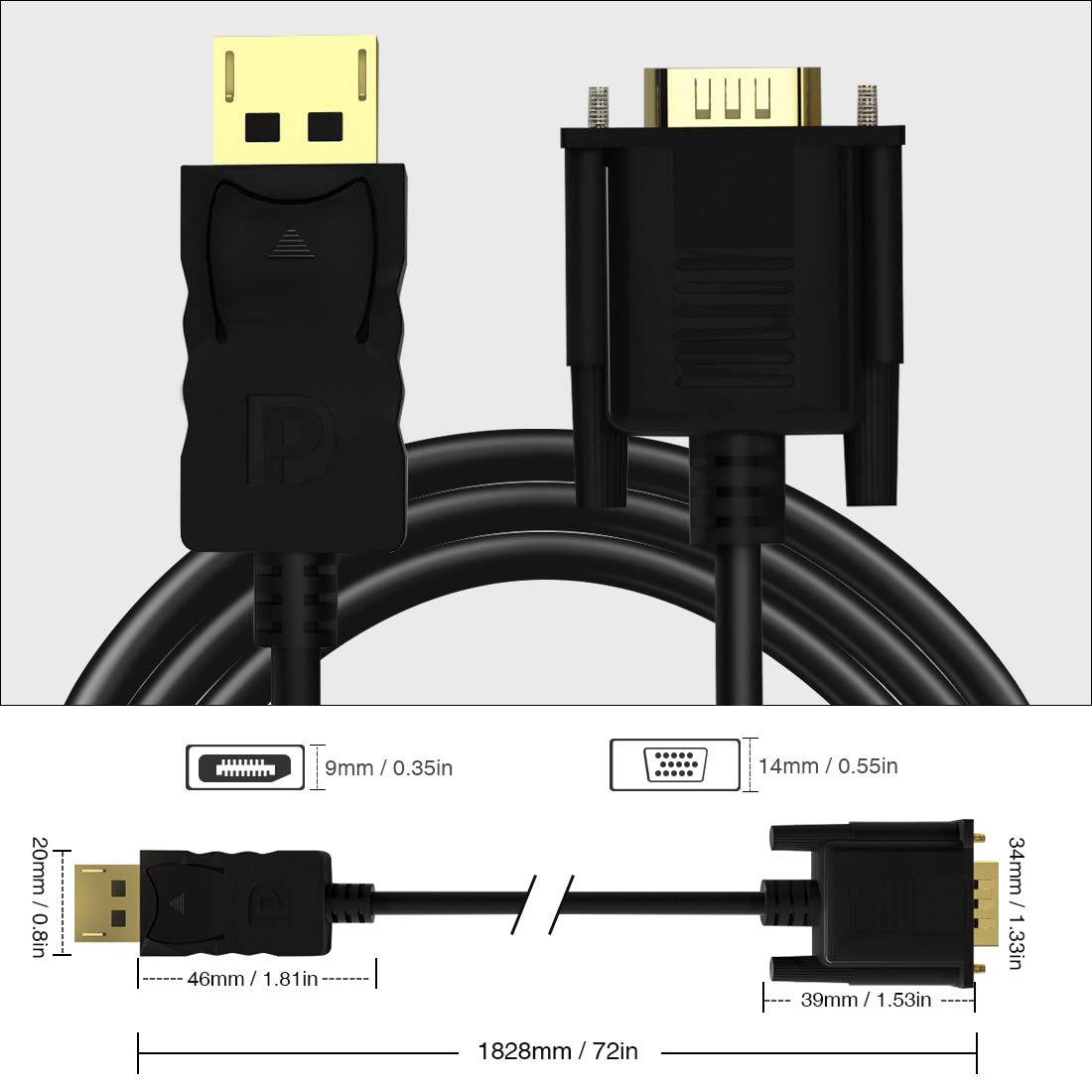 DisplayPort to VGA Cable 6FT, Display Port DP to VGA Adapter Cord for Laptop/Desktop to Monitor/Projector, 1080P Male to Male (Not Bidirectional, Not Compatible with HDMI or USB) - Image 7
