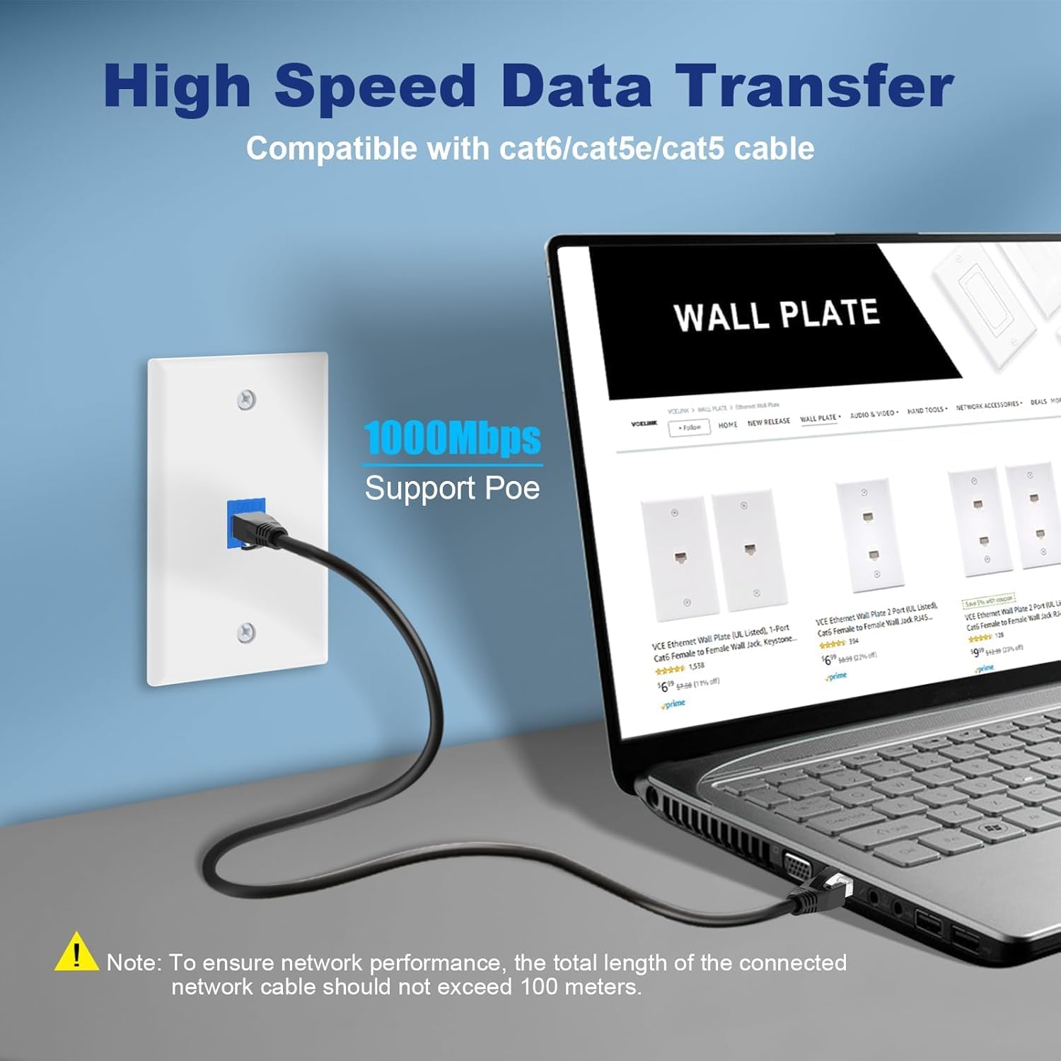 VCE Ethernet Wall Plate (UL-listed) 1-Pack, CAT6 Ethernet Wall Outlet Female to Female, Compatible with CAT6/CAT5E/CAT5 Cabels, Blue - Image 4