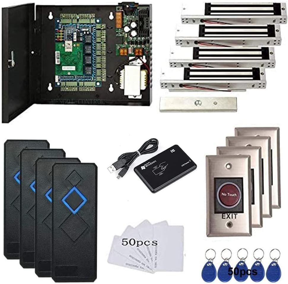 MENGQI-CONTROL 4 Door Access Control System 600lbs Magnetic Lock Access Control Panel 110V Power Supply Box RFID Reader NoTouch Exit Button Enroll USB Reader Card Key Fob Phone APP Remotely Open Lock