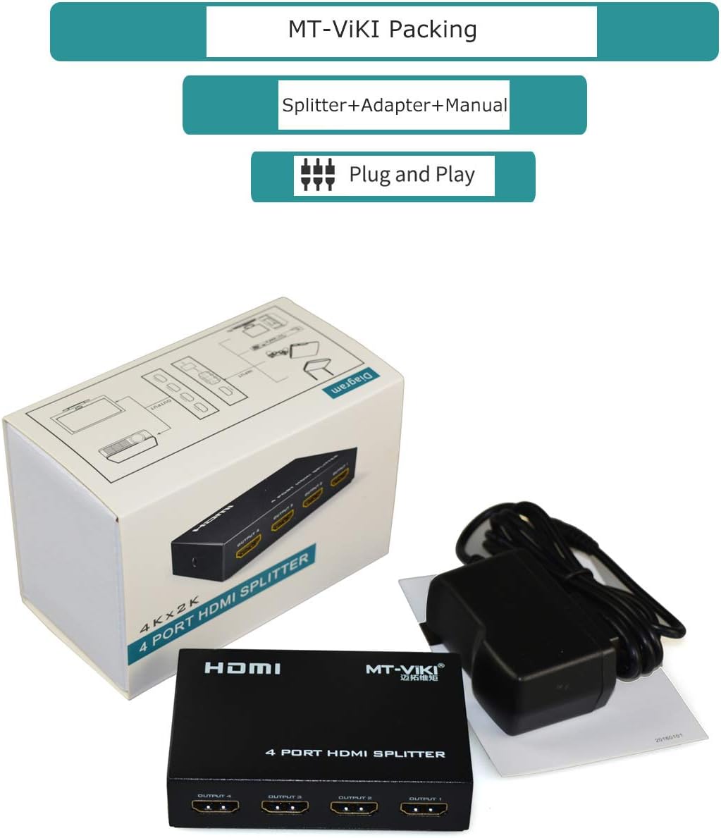 MT-ViKI HDMI Splitter 1 in 4 Out, 1x4 Power HDMI Splitter 4 Ports w/AC Adapter, 4Kx2K@30Hz 3D Full HD Distributor for PS4 Fire Stick HDTV - Image 7