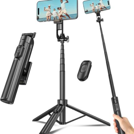 Selfie Stick Travel Tripod for Cell Phone with Remote Control and Phone Holder, Extendable Selfie Stick for iPhone, iPhone Tripod for Video Recording, 50 Inch, Black