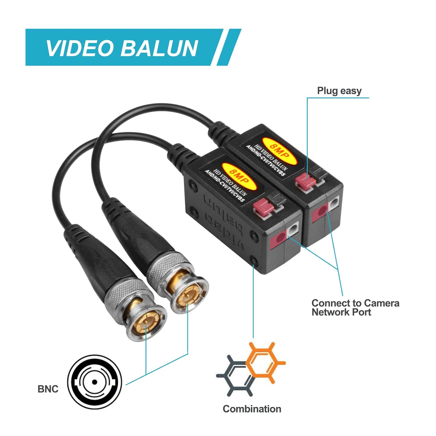 20 Pairs Passive HD BNC Video Balun Transceiver Transmitter AHD/TVI/CVI/CVBS Cable Connectors for 720P/960P/1080P/3MP/5MP/8MP CCTV Security Cameras - Image 3