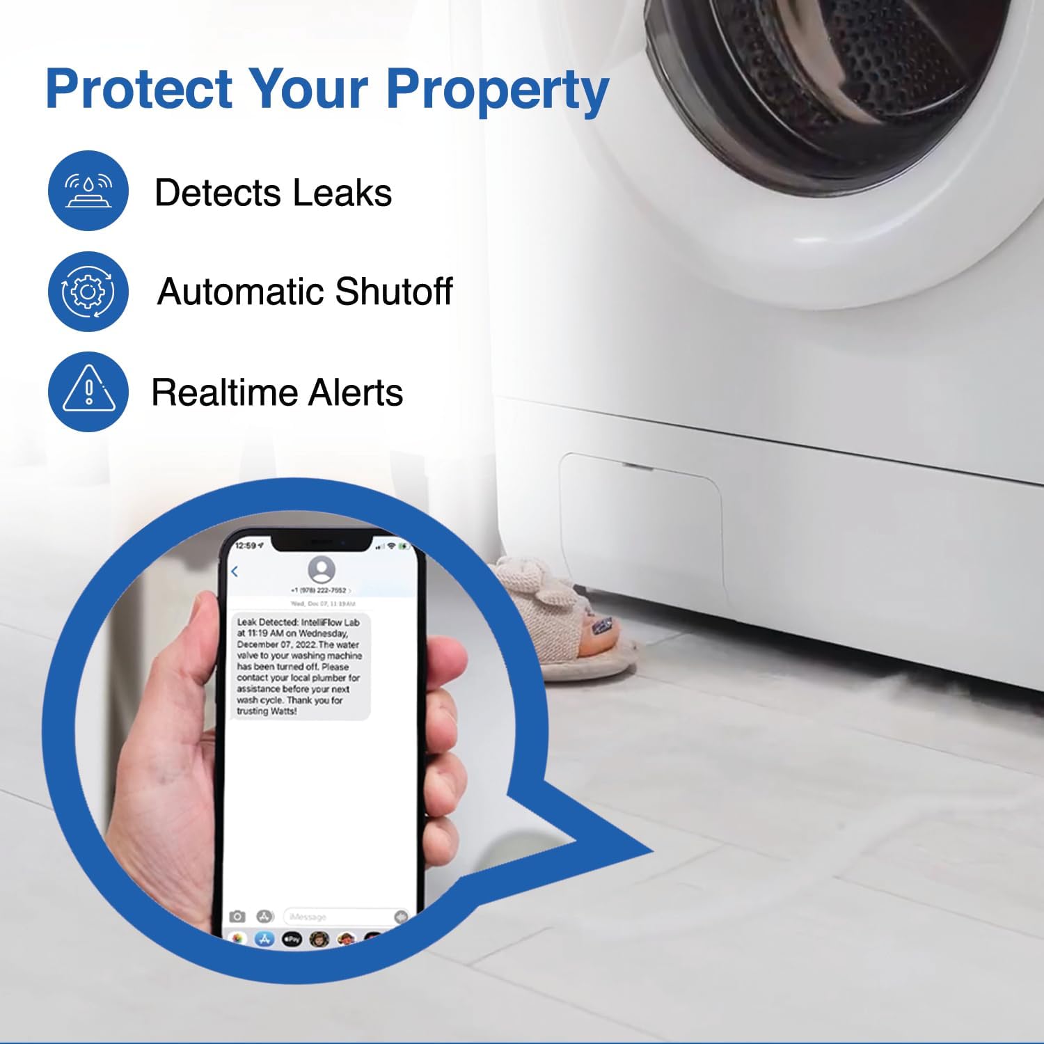 Watts A2C-SC Series Intelliflow 1/2" Washing Machine Smart Water Shutoff Valve with Leak Sensor, Inlet Adapters, Without Wall Box, Automated Flood Detection with Real-Time Text and E-Mail Alerts - Image 4
