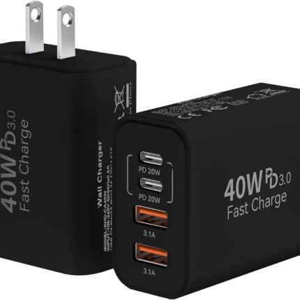 USB C Wall Fast Charger Block, 40W 4-Port Type C Chargers Fast Charging Blocks PD Power Charger Adapter+QC 3.0 USB Multiport Charger Brick for Phone 17/16/15/14/13/12 Pro Max, i-Pad, Galaxy S25-2Pack