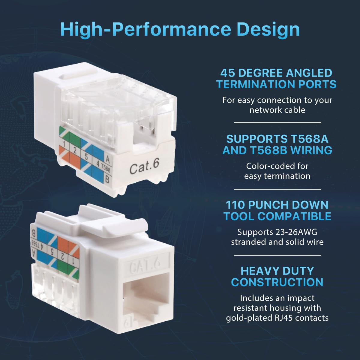 SATMAXIMUM 10 Pack Cat6 Keystone Ethernet Wall Jacks RJ45 Punch Down Slim Profile UTP White, 45 Degree for Patch Panel & Wall Plate, Supports Up to 10Gbps - Image 4