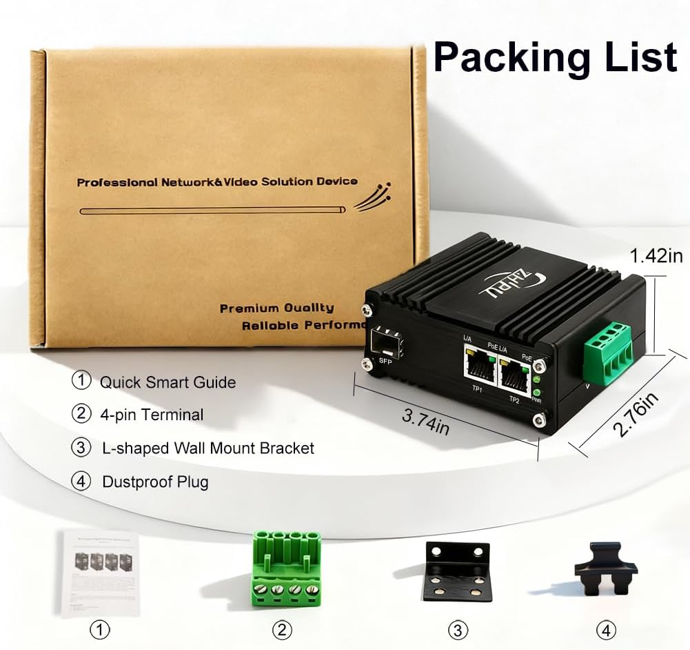 Industrial 2 PoE Ports Gigabit Fiber Media Converter, Boost Voltage Input DC9-57V to 48V Max PoE Output 60W, 1 SFP and 2 RJ45 IEEE802.3af/at 30W Fiber Switch, for Solar Power/RV Truck - Image 5