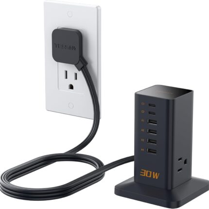 Charging Station 30W, TESSAN 9-in-1 Charger Blocks for iPhone 17/16/15/14, Tablets, Earphone with Surge Protector, 5ft Flat Extension Cord with 4 USB A, and 2 USB C for Home, Office, Dorm, Black