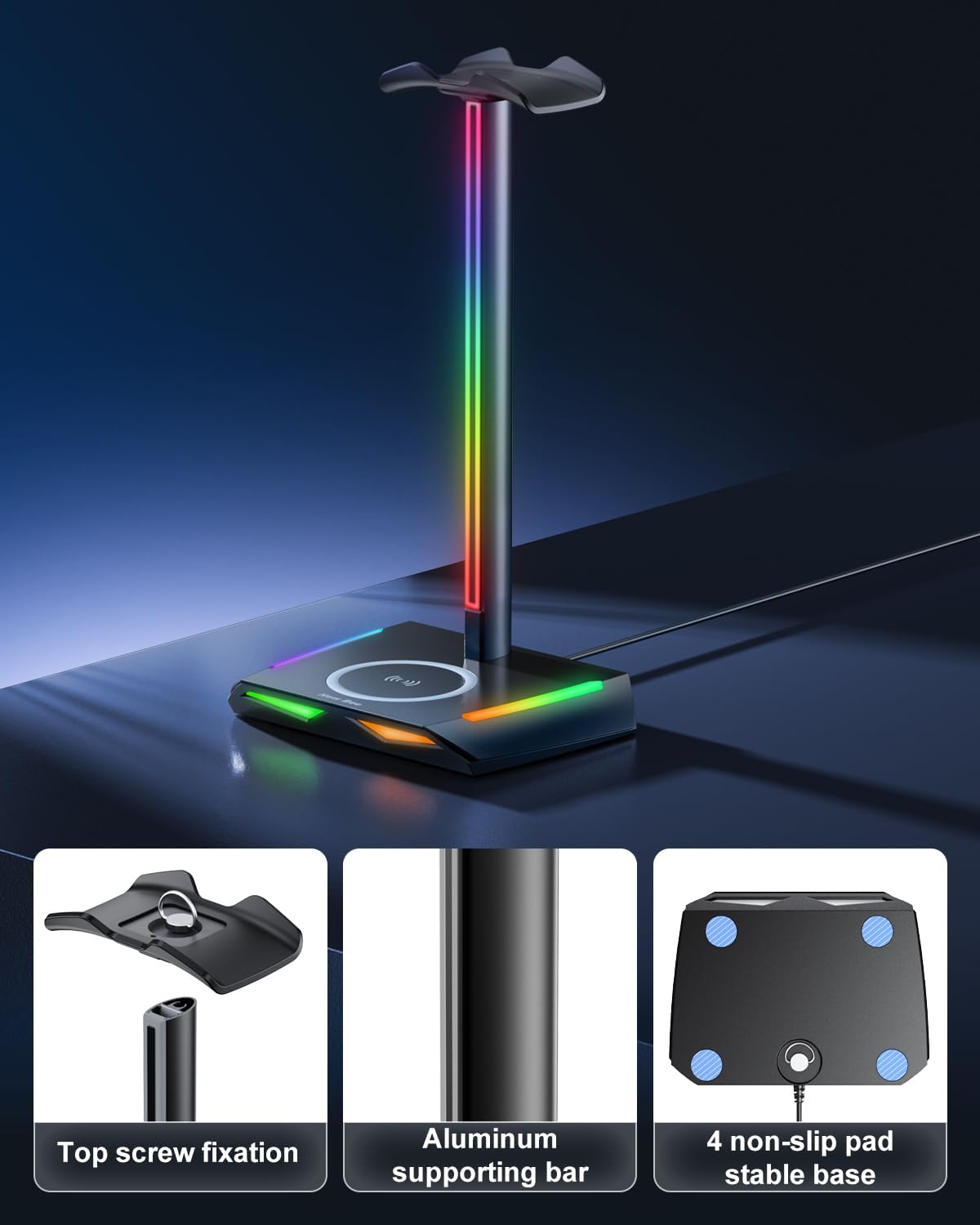 New Bee RGB Headphone Stand with 2 USB-C & 1 USB Charging Ports, Desk Gaming Headset Holder with 7 Light Modes and Non-Slip Rubber Base Suitable for All Earphone Accessories - Image 5