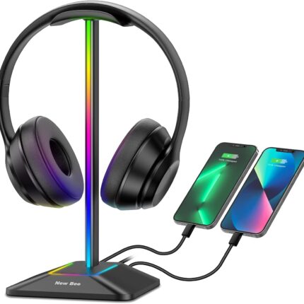 New bee RGB Headphone Stand with 1 USB-C Charging Port and 1 USB Charging Port, Desk Gaming Headset Stand with 7 Light Modes for All Earphone Accessories (Black)