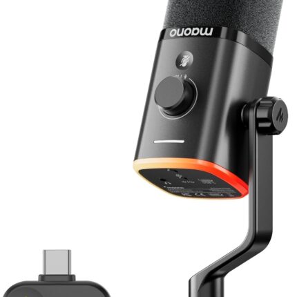 MAONO PD100W Wireless/USB Microphone, PC Gaming Mic with One-Click Noise Reduction,Mute Button,Custom RGB, 3.5mm Headphone Jack, Desktop Dynamic Streaming Mic for Recording,Podcasting, Black