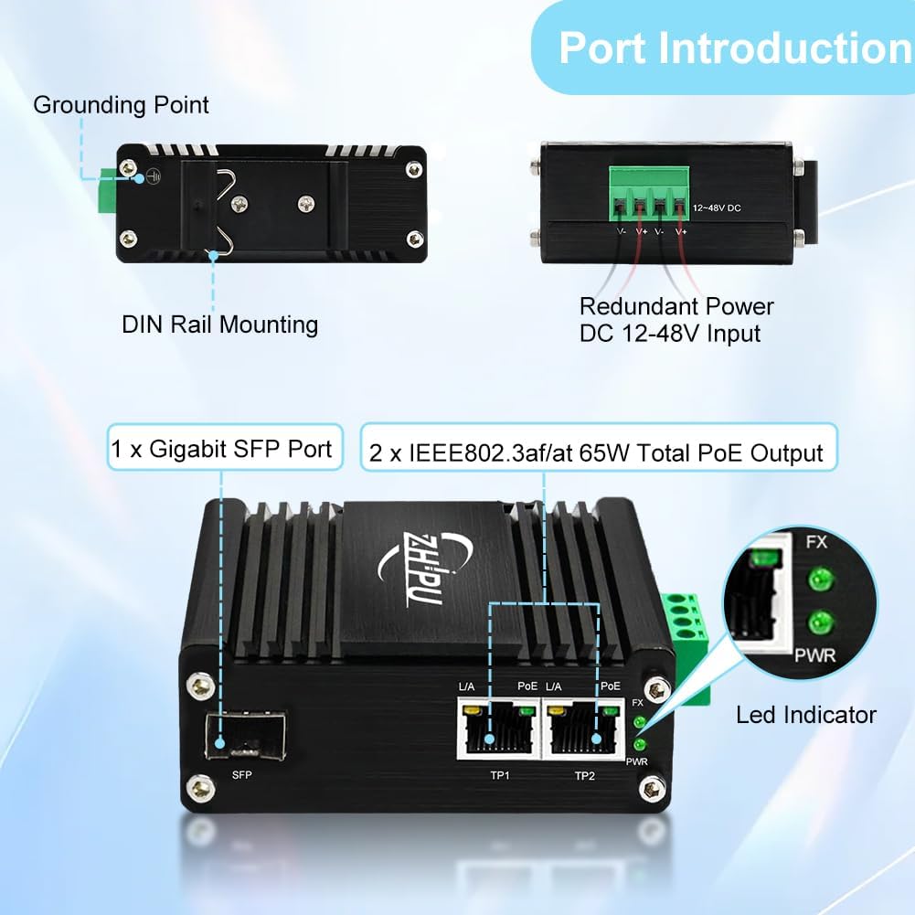 Industrial 2 PoE Ports Gigabit Fiber Media Converter, Boost Voltage Input DC9-57V to 48V Max PoE Output 60W, 1 SFP and 2 RJ45 IEEE802.3af/at 30W Fiber Switch, for Solar Power/RV Truck - Image 2