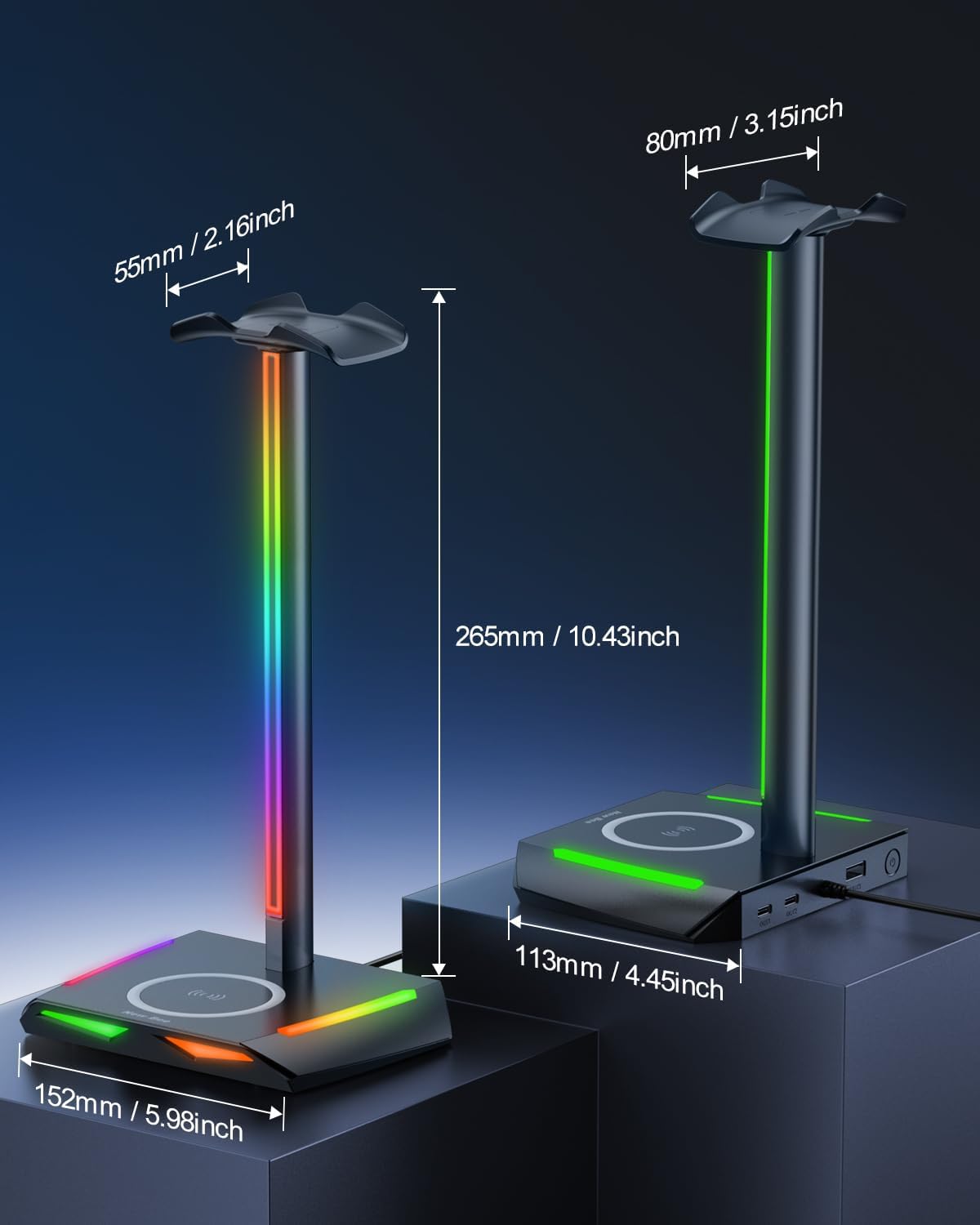 New Bee RGB Headphone Stand with 2 USB-C & 1 USB Charging Ports, Desk Gaming Headset Holder with 7 Light Modes and Non-Slip Rubber Base Suitable for All Earphone Accessories - Image 4