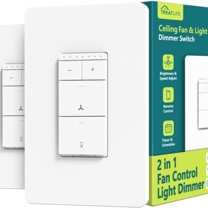 TREATLIFE Smart Ceiling Fan Control and Dimmer Light Switch 2Pack, Neutral Wire Needed, 2.4GHz Single Pole Wi-Fi Fan Light Switch Combo Works with Alexa, Google Home and SmartThings, Remote Control