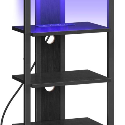 HOOBRO 4-Tier AV Media Stand with Charging Station and LED Light, Wooden Stereo Stand, Rack Audio Tower, Corner TV Stand, Entertainment Device, Black BB38UDCJ01
