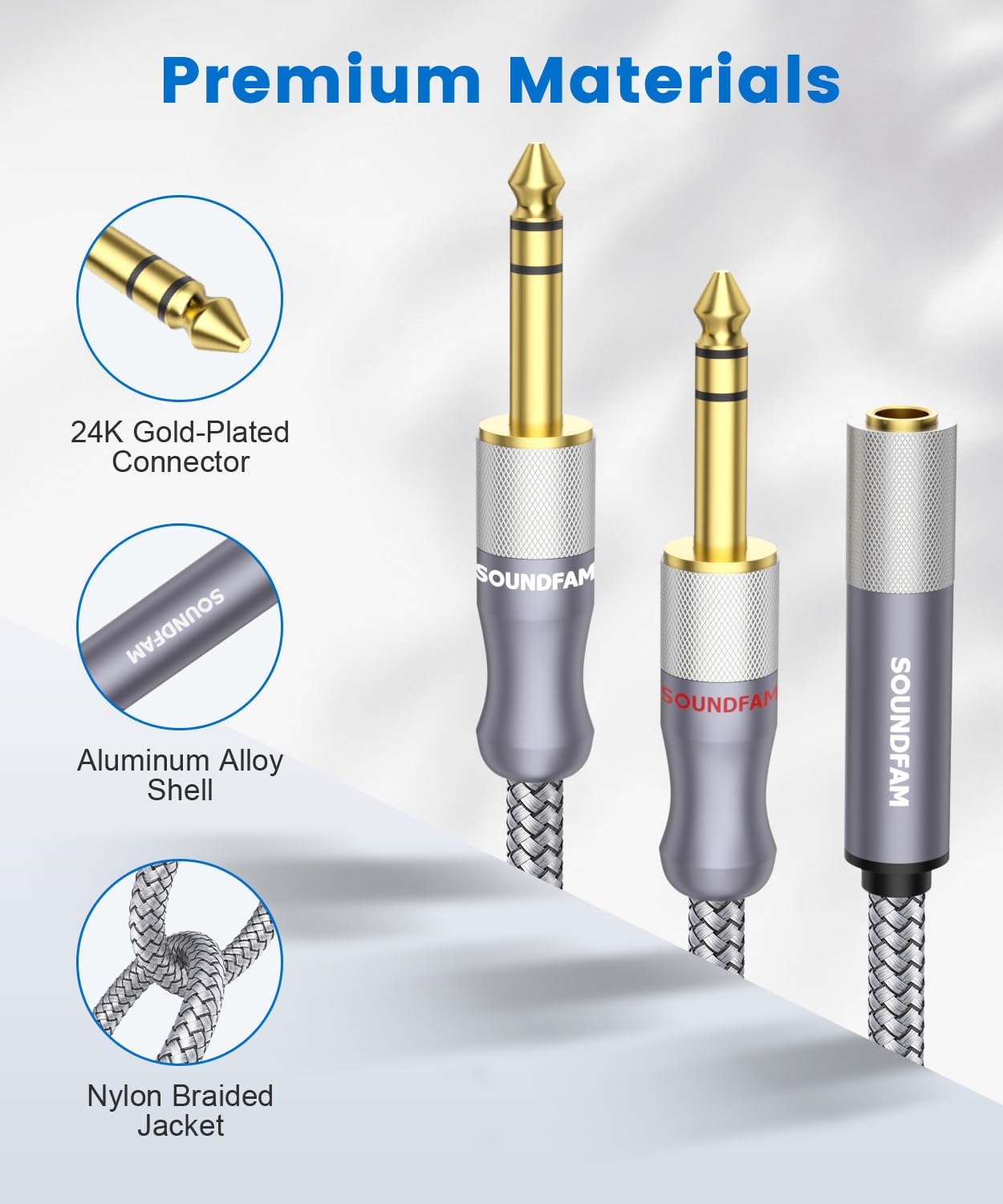 1/4" Splitter Cable 2 Feet/60CM,Microphone Splitter 1 Female to 2 Male TRS 1/4 inch Splitter 6.35mm Stereo Female Plug to Dual 6.35mm Male-Grey - Image 2