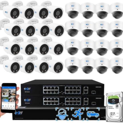 GW Security 32 Channel 12MP NVR UltraHD 4K (3840x2160) PoE Security Camera System with 16 Bullet and 16 Dome 4K (8MP) IP Microphone AI Camera, 100ft Night Vision, Outdoor/Indoor Surveillance Camera