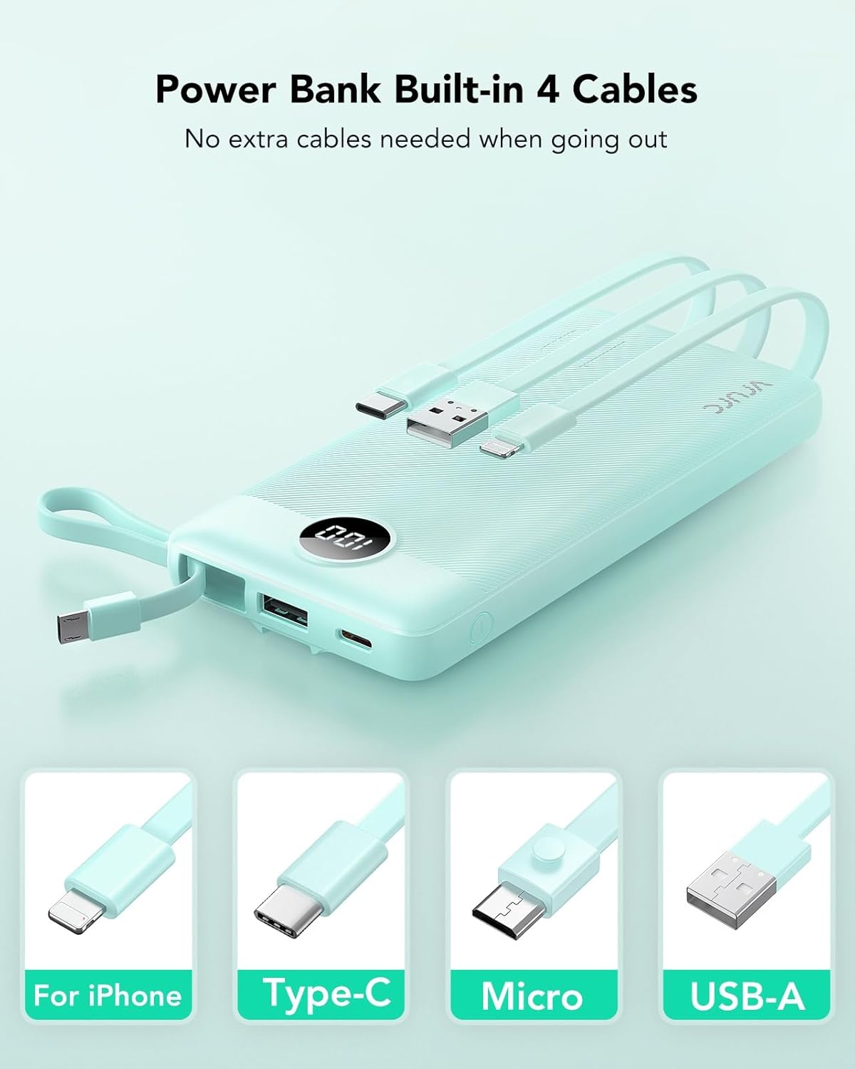 VRURC Portable Charger for iPhone, Compact Travel Power Bank 10000mAh, USB C Battery Pack 4 Outputs 3 Inputs, Slim Phone Charger with Cables for iPhone 17 16 15 14 13,Samsung Galaxy-Green(1 Pack) - Image 2