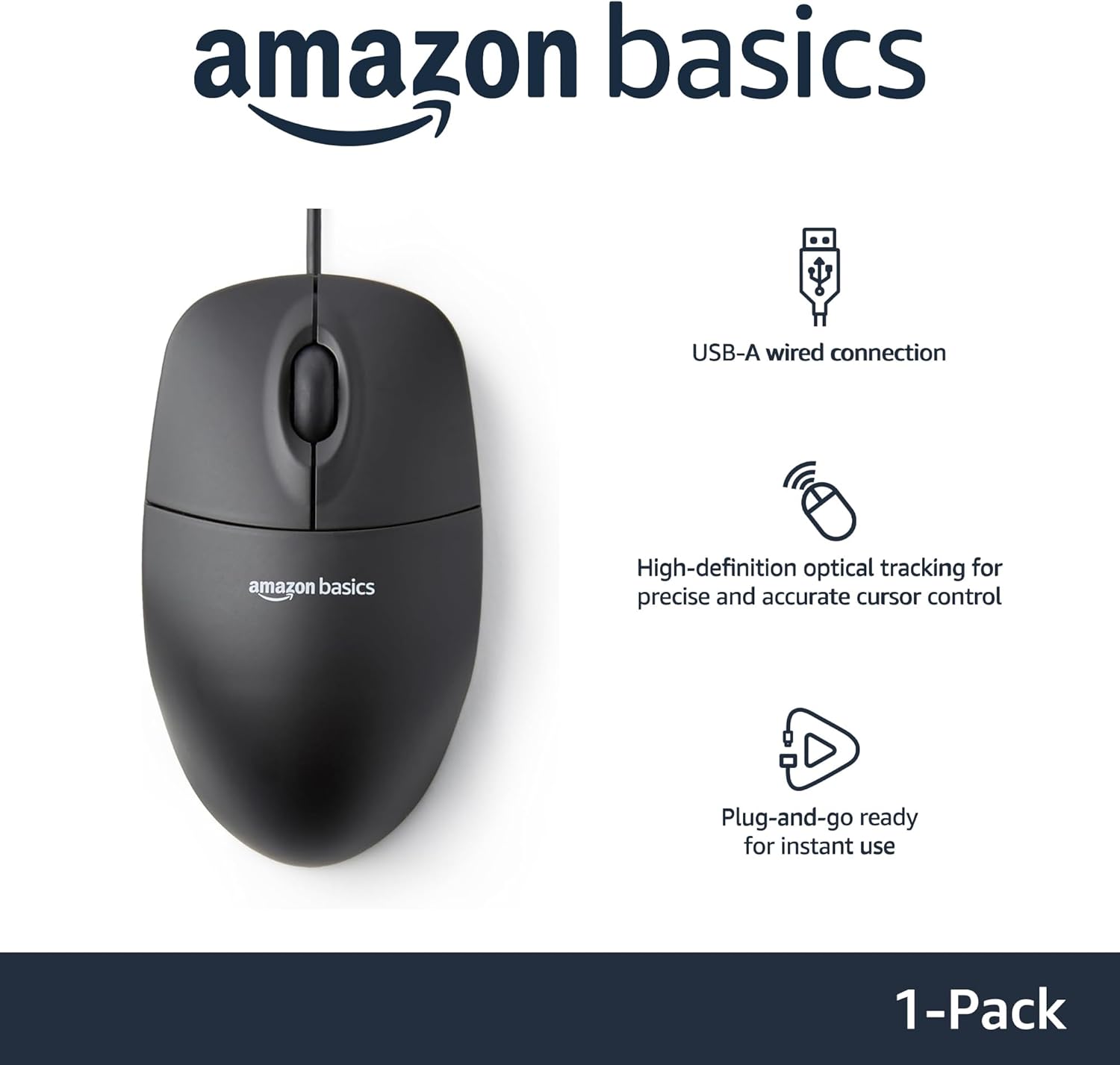 Amazon Basics 3-Button USB Wired Mouse with Scrolling and Tracking - Standard, Black - Image 2