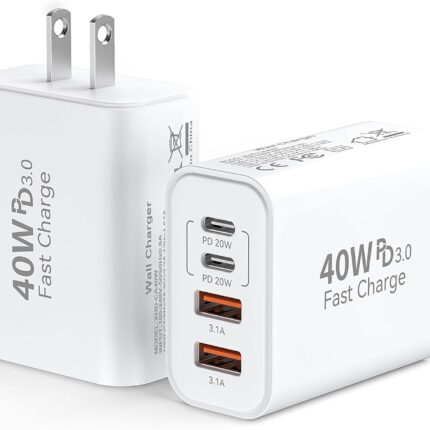 USB C Wall Fast Charger Block, 40W 4-Port Type C Charger Fast Charging Blocks PD Power Charger Adapter+QC 3.0 USB Multiport Charger Brick for iPhone 17/16/15/14/13/12 Pro Max, iPad, Galaxy S25-2Pack