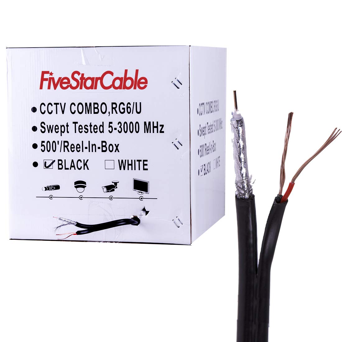FiveStarCable Siamese RG6 Coaxial Cable with 18AWG Power Wire 500 ft. Combo CCTV Cable for Security Cameras, DVR, and Video Surveillance Systems RG6/U + 18/2 Color Black