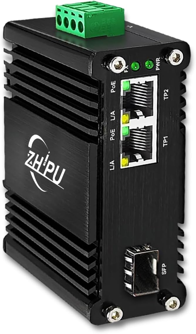 Industrial 2 PoE Ports Gigabit Fiber Media Converter, Boost Voltage Input DC9-57V to 48V Max PoE Output 60W, 1 SFP and 2 RJ45 IEEE802.3af/at 30W Fiber Switch, for Solar Power/RV Truck