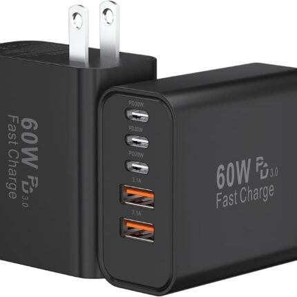 USB C Fast Charger Block, 60W 5-Port USB C Wall Charging Blocks, Type C Charger Fast Charging Brick, 3USB C+2USB A PD&QC3.0 Multiport Charger Plug for iPhone 16/15/14/13 Pro Max, iPad, Galaxy-Black