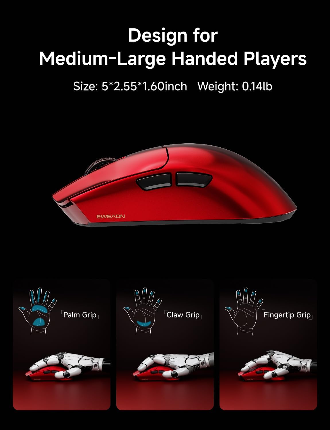 S9 Ultra Wireless Gaming Mouse, 59G Ergonomic Computer Mouse, Triple Modes, 8K Polling, PAW3950 42K DPI Optical Sensor, Kailh Switch, 250h Battery Life, Programmable for PC/Win/Mac(Red) - Image 6