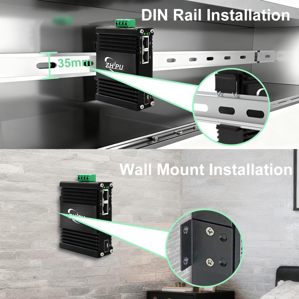 Industrial 2 PoE Ports Gigabit Fiber Media Converter, Boost Voltage Input DC9-57V to 48V Max PoE Output 60W, 1 SFP and 2 RJ45 IEEE802.3af/at 30W Fiber Switch, for Solar Power/RV Truck - Image 4