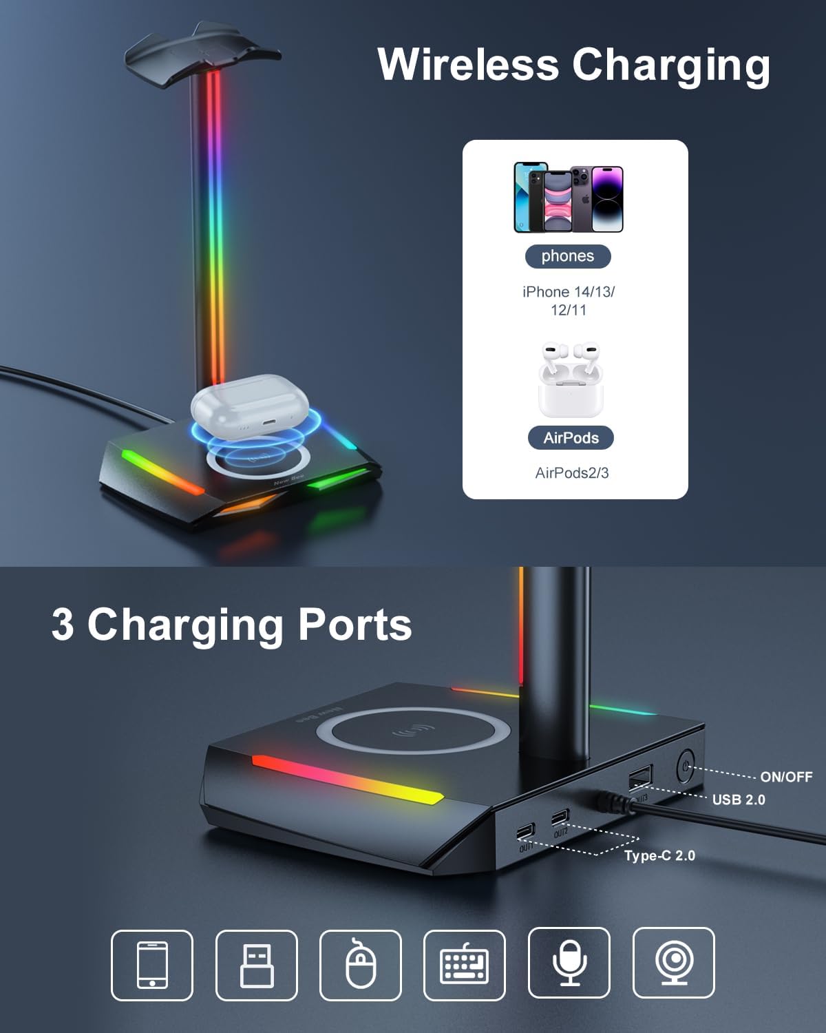 New Bee RGB Headphone Stand with 2 USB-C & 1 USB Charging Ports, Desk Gaming Headset Holder with 7 Light Modes and Non-Slip Rubber Base Suitable for All Earphone Accessories - Image 3