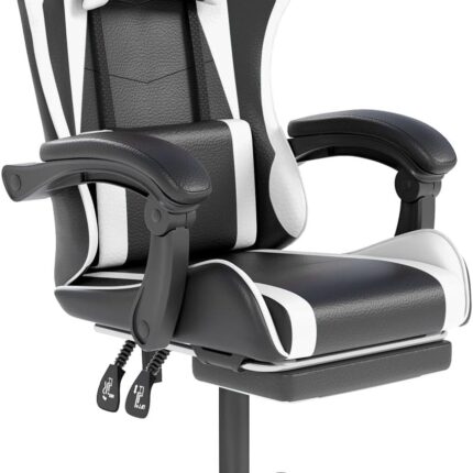 Gaming Chair with Headrest and Lumbar Support, Ergonomic High Back Office Chair, Racing Style Executive Computer Desk Chair, Leather Adjustable Swivel Task Chair for Home Office (White)